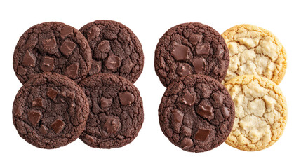 Assortment of chocolate chip cookies and oatmeal raisin cookies isolated on transparent background