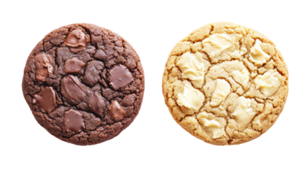 Two oval shaped cookies one dark chocolate one vanilla isolated on transparent background