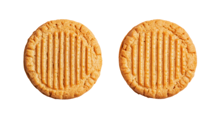 Two oval shaped cookies with ribbed pattern isolated on transparent background