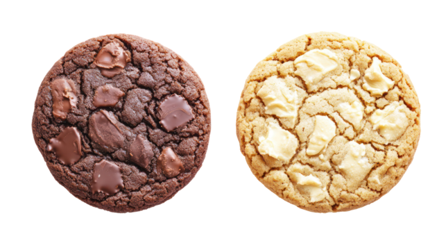 Two oval shaped cookies one dark chocolate one vanilla isolated on transparent background