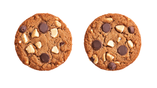 Two delicious chocolate chip cookies isolated on transparent background