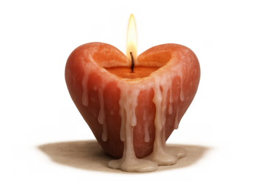 Heart shaped candle burning with melting wax, symbolizing love, romance, and passion on transparent background