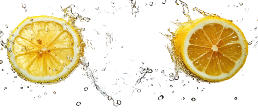 Two lemon slices splashing in water isolated on transparent background