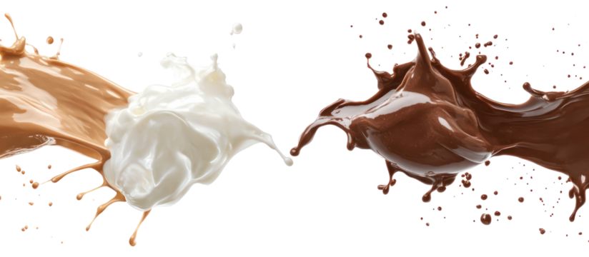 Yogurt splash and chocolate smoothie splash side by side overhead on transparent background