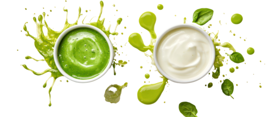 Yogurt splash and green smoothie splash side by side overhead on transparent background