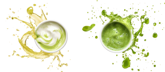 Yogurt splash and green smoothie splash side by side overhead on transparent background
