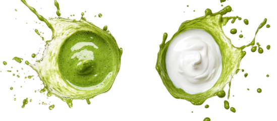Yogurt splash and green smoothie splash side by side overhead on transparent background