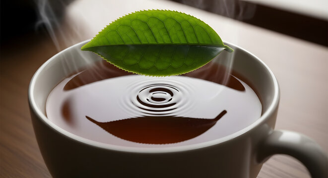 Steaming cup of tea with a fresh green tea leaf on a wooden surface.