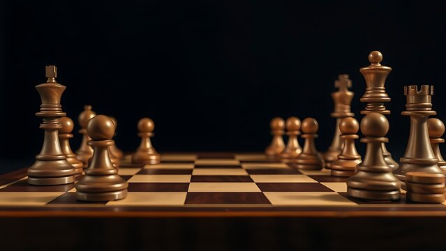 bishop. Chessboard with pieces in mid-game, highlighting warm wood tones and strategic play under directional lighting. tutorial guides.