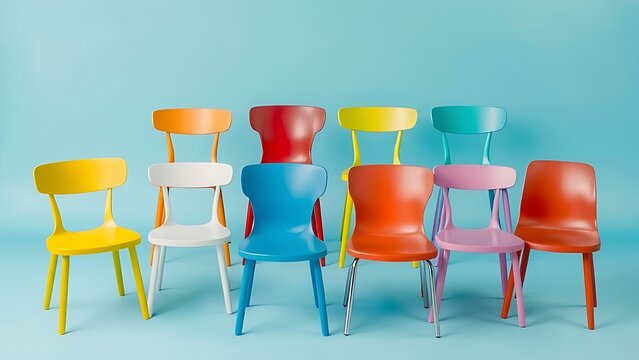 mismatched. A playful arrangement of mismatched chairs in vibrant colors, representing whimsical seating dilemmas. lifestyle magazines.