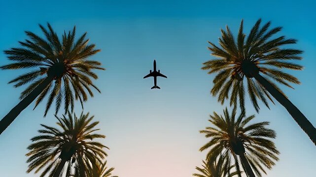 Feel the freedom, a plane flies above palm trees in the sunset, perfect for summer vacation and travel stories