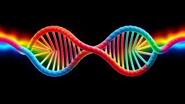 divergent. A double-helix rainbow diverging into paths, illustrating personalized healthcare solutions. STEM education sheets.