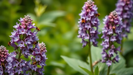 Obraz premium comfrey. A cluster of purple comfrey flowers in a garden attracting bees, with a blurred green background. gardening catalogs, home-decor guides, designed for gardening and botanical catalogs.