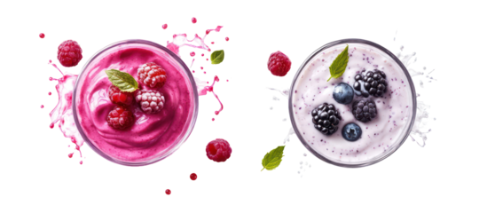 Two bowls of fruit yogurt with berries and splashes isolated on transparent background