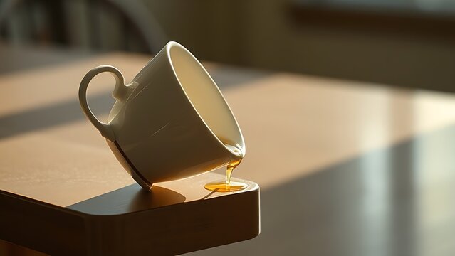 garroted. A tilted teacup on a table edge, tea nearly spilling in the morning light. bar promotions, beverage menus, designed for product packaging and bar promotions, enhances appetite appeal.