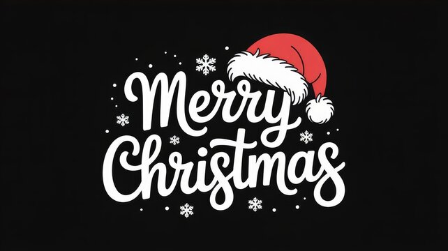 Festive Merry Christmas wishes with Santa hat and snowflakes on black background - perfect for holiday greetings, banners, and seasonal designs