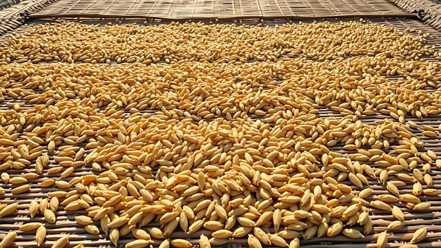foolishness. Barley grains drying on a mat under soft, natural sunlight. menu design, packaging mockups, designed for culinary blogs and recipe cards for restaurants, used by account managers.