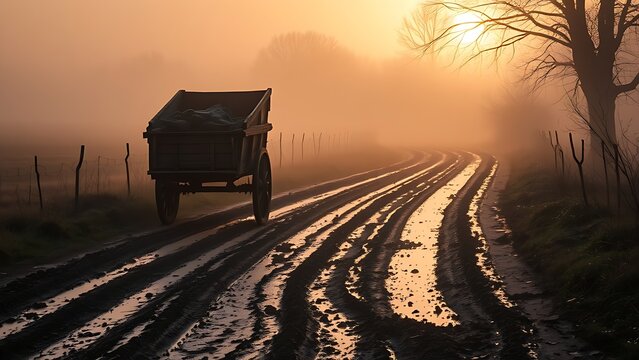 oxcart. Deep muddy ruts on a country path with an ancient oxcart moving through mist. mobility guides, transit brochures, designed for mobility and urban transit guides, used by professors.