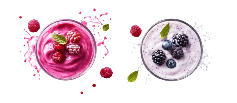 Two bowls of fruit yogurt with berries and splashes isolated on transparent background
