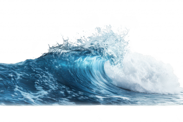 A powerful ocean wave crashing against the shore. the blue hues and foam. with a clear sky in the background. ideal for nature-themed projects and publications