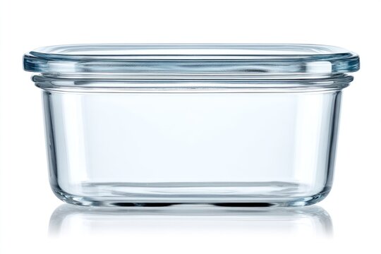 Transparent, rectangular glass food storage container with a matching lid. Well lit, isolated