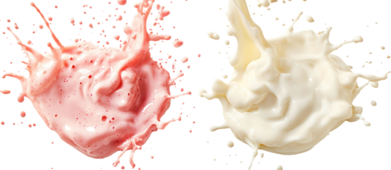 Yogurt splash and tropical fruit smoothie splash side by side on transparent background