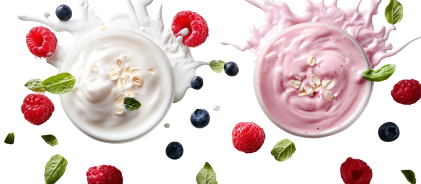 Yogurt splash and tropical fruit smoothie splash side by side on transparent background