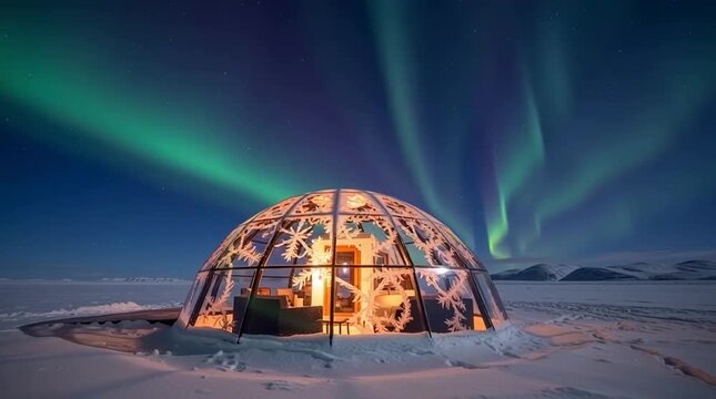 Winter retreat glowing aurora (Northern Lights) illuminating a modern glass igloo or small hut in a snowy, dark setting.