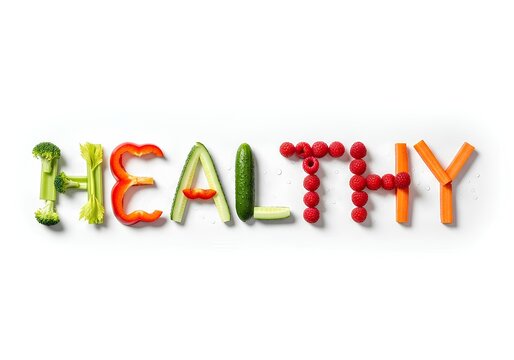 Word "HEALTHY" spelled out with fresh vegetables and fruits, arranged on a white background, promoting healthy eating and nutrition