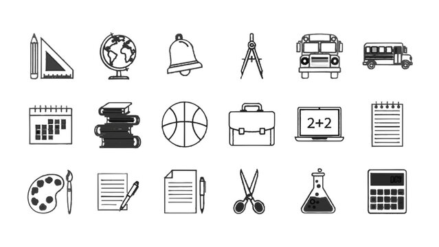 Vector illustration of collection of various school and education related icons isolated on transparent background