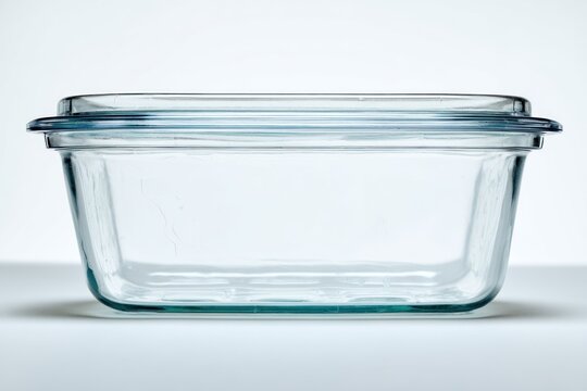 A rectangular, clear glass dish with a slightly raised lid, on a white surface