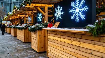 Christmas market with wooden stalls decorated with snow garland and glowing snowflake lights creates festive joyful winter atmosphere