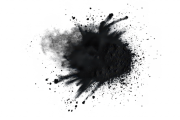 A dynamic explosion of black powder disperses across a white background. creating a dramatic visual effect that could be used in artistic or commercial design projects