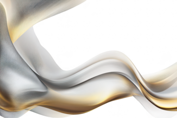 Abstract composition featuring smooth flowing curves in shades of silver and gold against a clean white background. ideal for use in modern design projects or artistic presentations