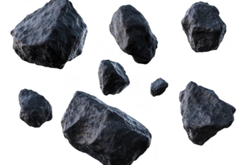 A collection of variously sized. textured black rocks scattered against a plain white background. natural formations and surfaces. ideal for use in digital design or educational materials