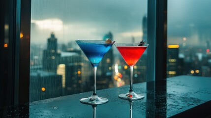 urban cocktail hour: shimmering city lights meet vibrant drinks in a sophisticated, rainy night ambiance creating a delightful contrast