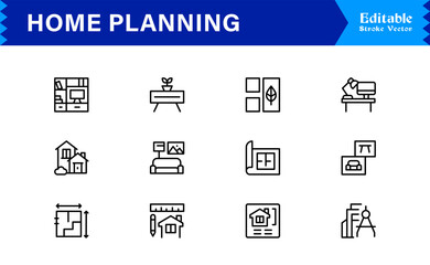 Home Planning line icon set featuring editable, pixel-perfect, and clean line icons. Includes professional, modern, and minimal visuals ideal for architecture and design projects.