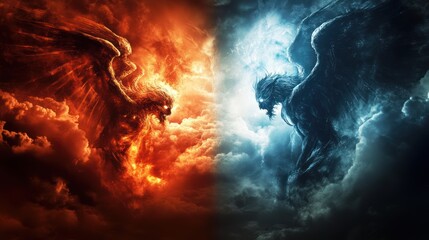 a breathtaking showcase of contrasting forces, depicting a mystical clash between a fiery angel and an ethereal, icy guardian, immersed in dramatic clouds