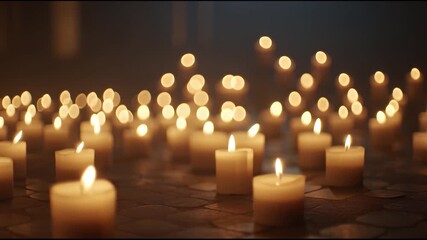 A solemn candlelight vigil scene with dozens of glowing tea lights creating a warm and peaceful ambiance for remembrance and prayer