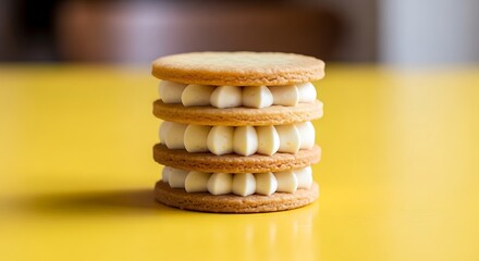 Stacked cookie sandwich with cream filling on a yellow surface.