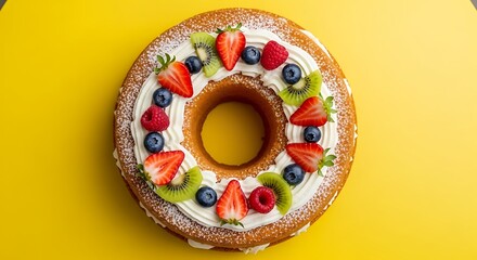 A delicious ring cake decorated with fresh strawberries, blueberries, kiwi, and raspberries.