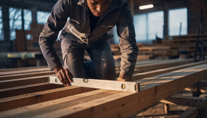 Focused craftswoman uses level to ensure precision in woodworking project, showcasing expertise and attention to detail in construction or carpentry industries