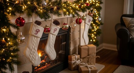 Modern Cozy Christmas Fireplace, Decorations and Stockings