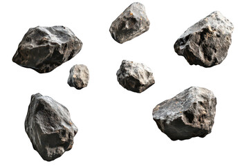 A collection of variously shaped and textured rocks floating against a clean white background. their natural formations and surfaces. ideal for use in digital design or educational materials