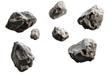 A collection of variously shaped and textured rocks floating against a clean white background. their natural formations and surfaces. ideal for use in digital design or educational materials