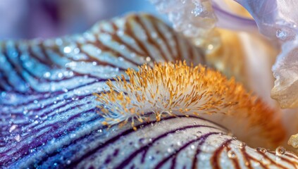 Macro shot of a striped iris petal with water droplets and yellow stamens