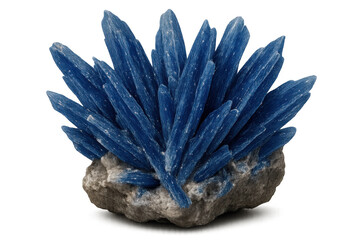 Blue kyanite radiating crystals on rock matrix, displaying rough raw gemstone mineral formation, geology specimen with transparent background
