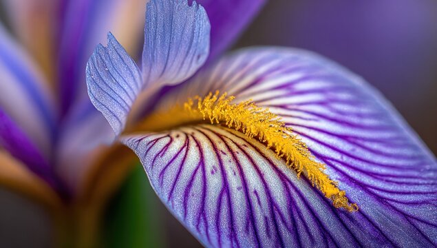 Close-up of a vibrant iris flower with purple and blue petals and yellow center - Powered by Adobe