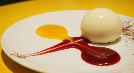 An elegant spherical white dessert, possibly a mousse or panna cotta, artistically plated with vibrant red and yellow fruit sauces.