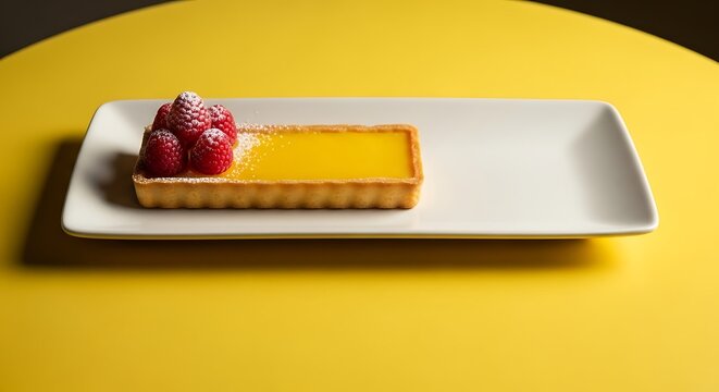 A rectangular lemon curd tart topped with fresh raspberries and powdered sugar, served on a white plate against a vibrant yellow background. - Powered by Adobe
